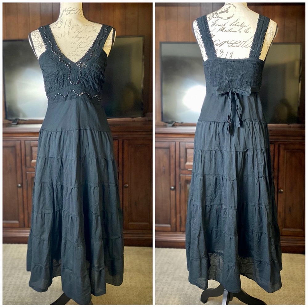 SOLD! Indian Tropical Fashion Tiered Embedded Crochet Strap Maxi Slip Dress S/M - Picture 2 of 5